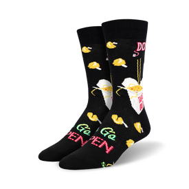 black crew socks with colorful graphics of chinese takeout containers, chopsticks, and fortune cookies for men   