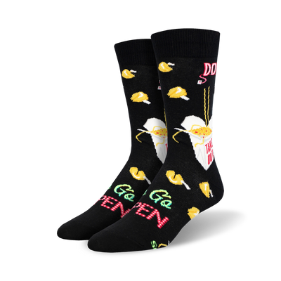 black crew socks with colorful graphics of chinese takeout containers, chopsticks, and fortune cookies for men   