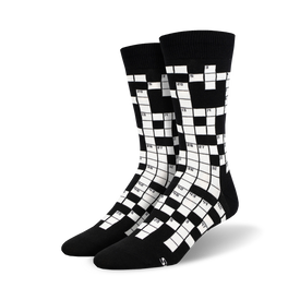 men's crew socks with crossword puzzle pattern in black and white.  