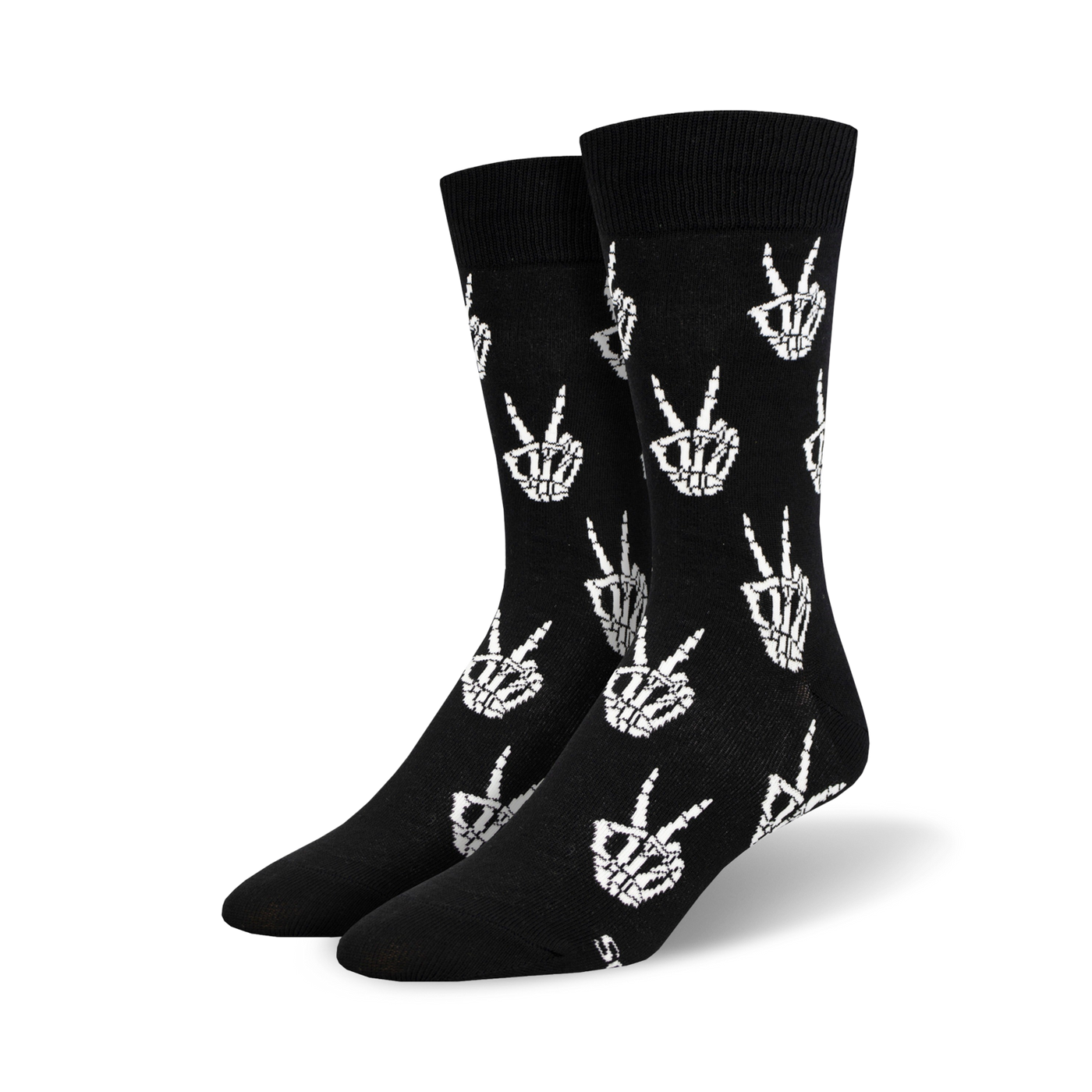 Pair of black crew socks with a repeated pattern of white skeleton hands making peace signs.