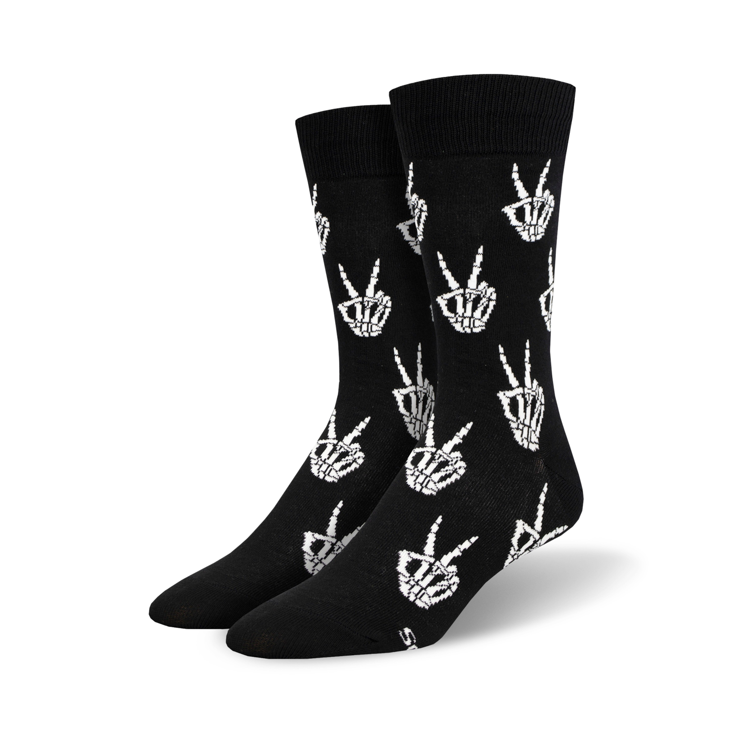 Pair of black crew socks with a repeated pattern of white skeleton hands making peace signs.
