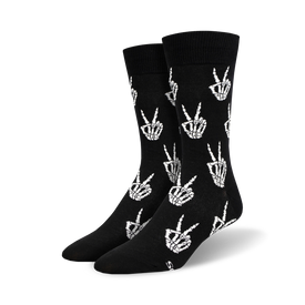 black crew socks with white skeleton hand peace signs for men, perfect for halloween.   
