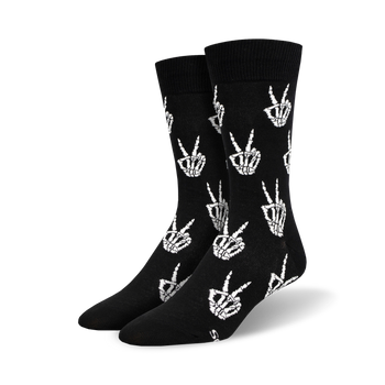 black crew socks with white skeleton hand peace signs for men, perfect for halloween.   