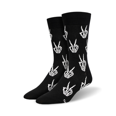 black crew socks with white skeleton hand peace signs for men, perfect for halloween.   