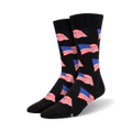 Pair of black crew socks with a repeating pattern of small American flags in red, white, and blue.