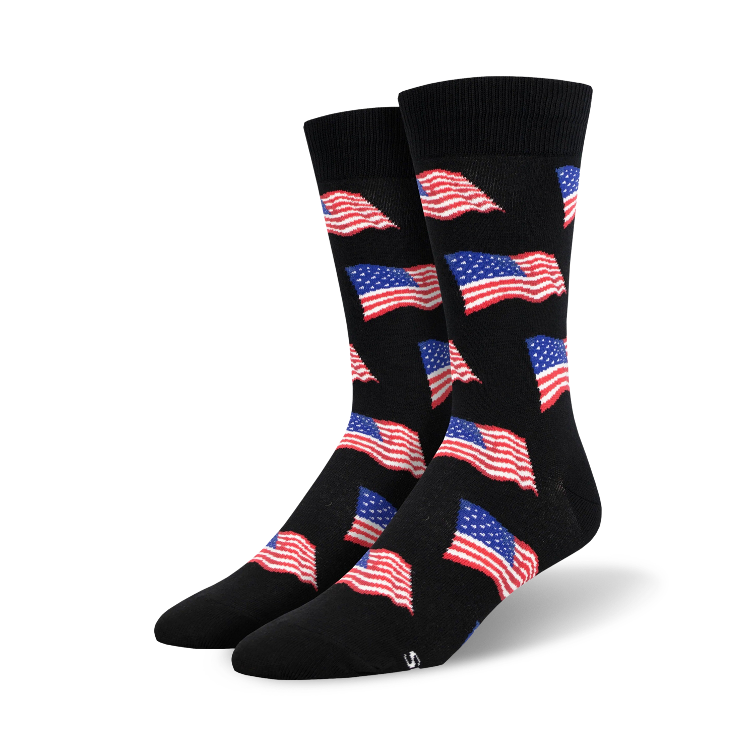 Pair of black crew socks with a repeating pattern of small American flags in red, white, and blue.