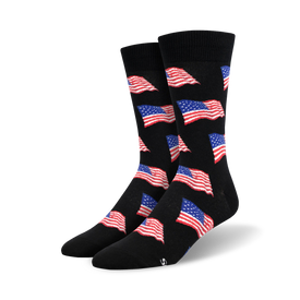 black crew socks with an american flag pattern in red, white, and blue. these old glory socks are perfect for patriotic americans.   