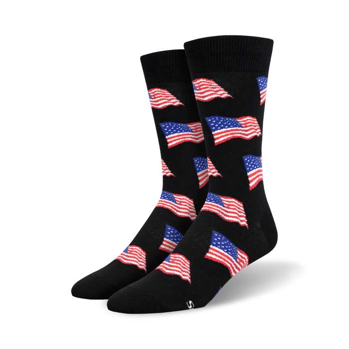black crew socks with an american flag pattern in red, white, and blue. these old glory socks are perfect for patriotic americans.    }}