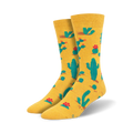 Pair of crew socks; mustard yellow with teal cacti and red flowers; playful desert design.