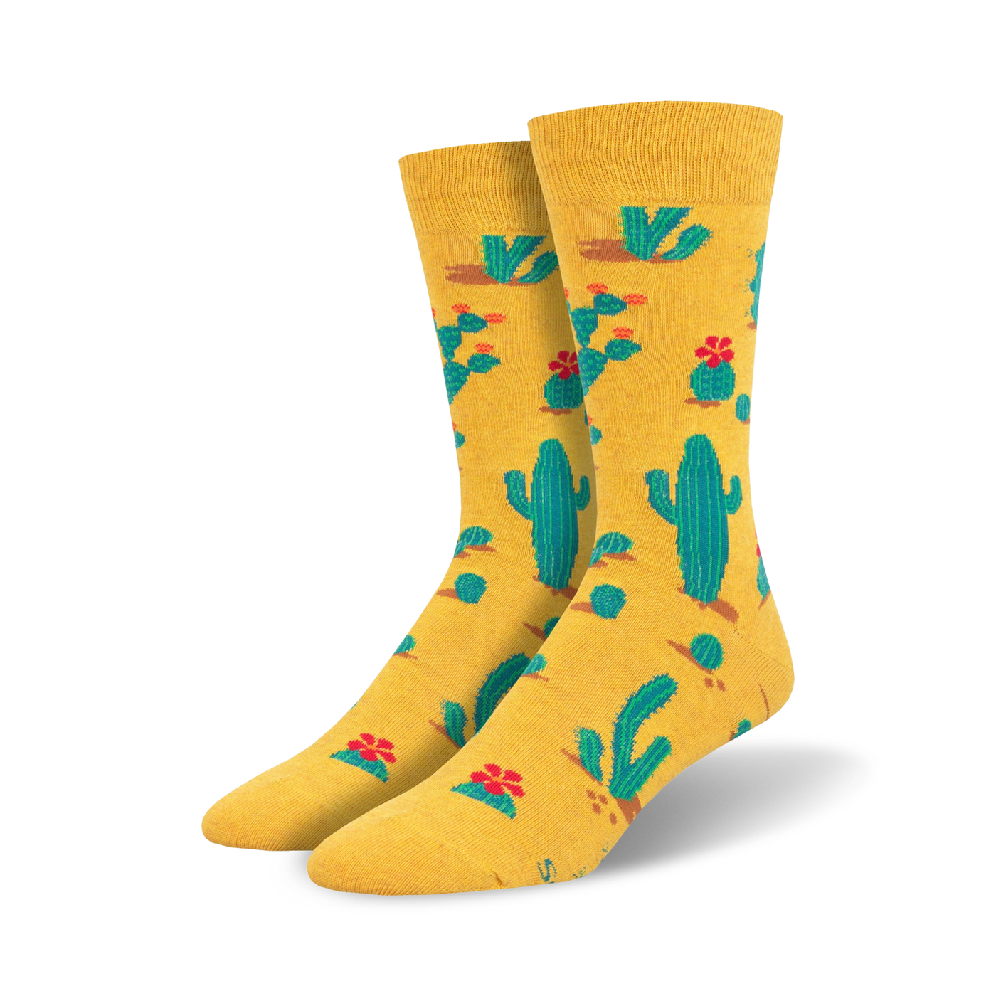 Pair of crew socks; mustard yellow with teal cacti and red flowers; playful desert design.