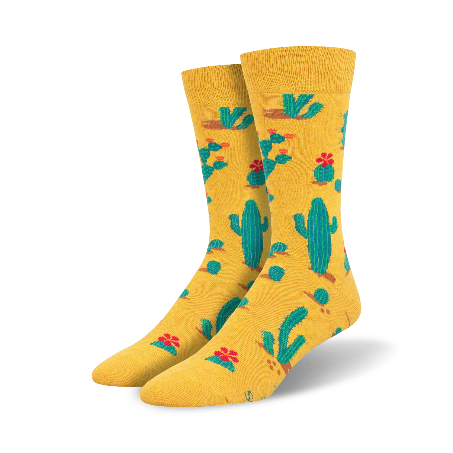Pair of crew socks; mustard yellow with teal cacti and red flowers; playful desert design.