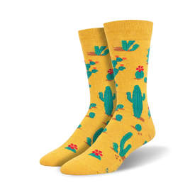  crew length men's socks with a pattern of green cacti and red flowers on a yellow background.   