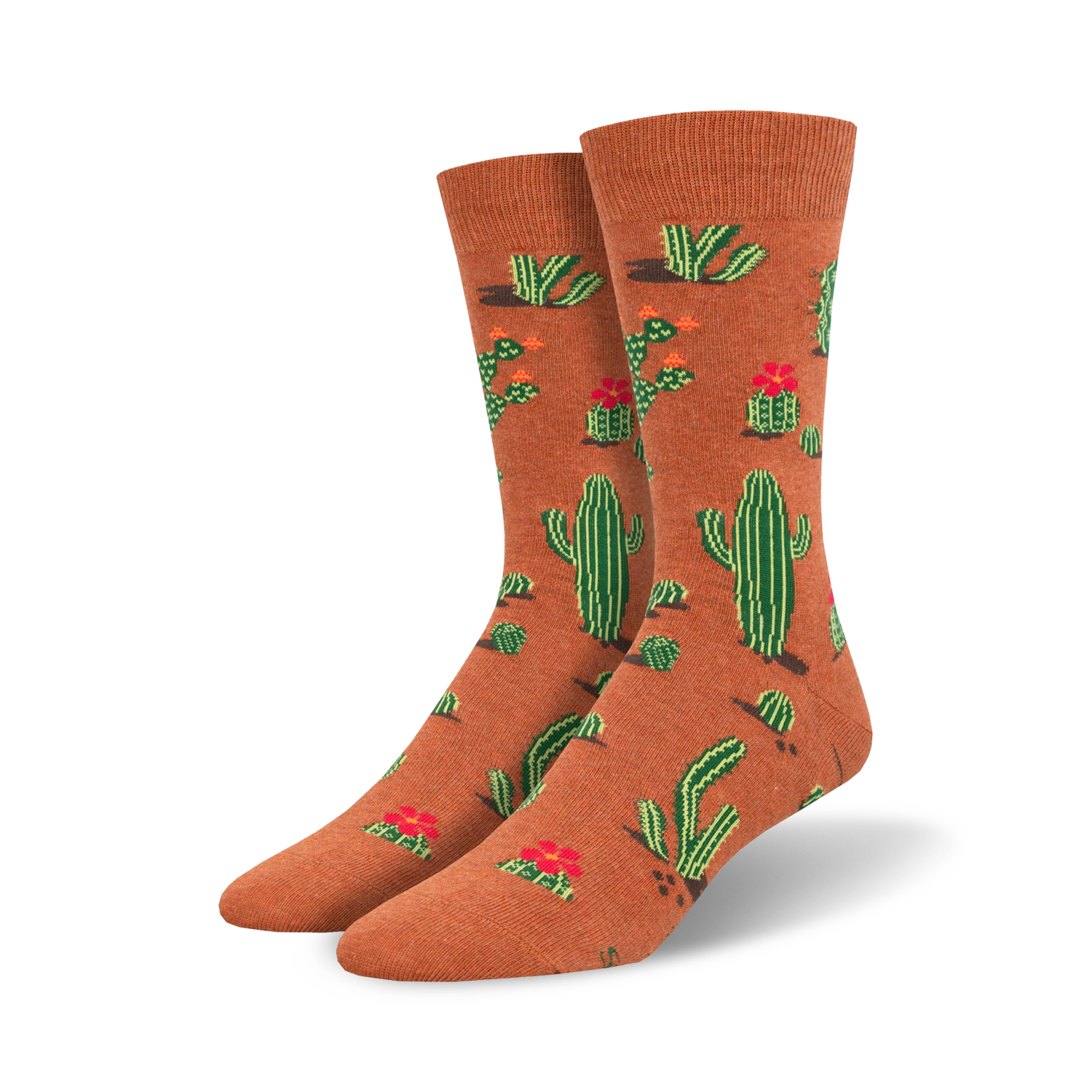 Lifestyle shot: Model wearing terracotta cactus socks with brown pants.