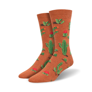 crew socks in brown with green cacti and red flowers, succ it up, mens.   