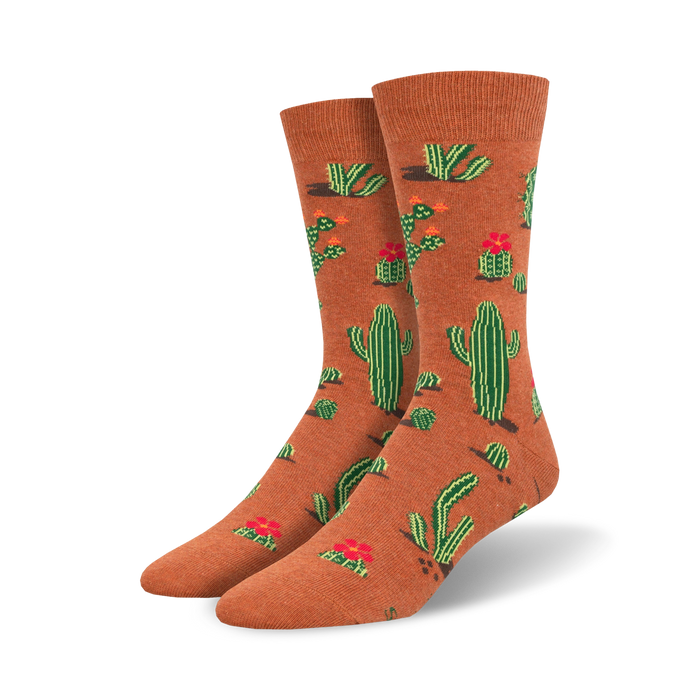 crew socks in brown with green cacti and red flowers, succ it up, mens.   