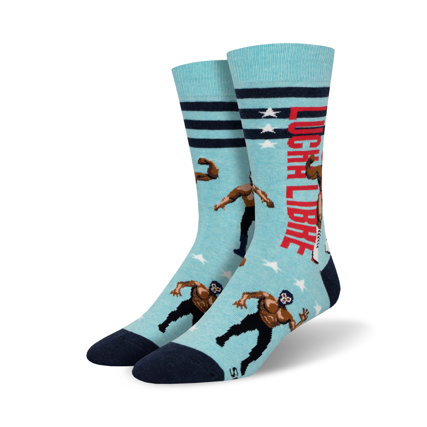Pair of crew socks; light blue with navy details, red stripes, and pixelated lucha libre wrestlers; text reads 'Lucha Libre'.