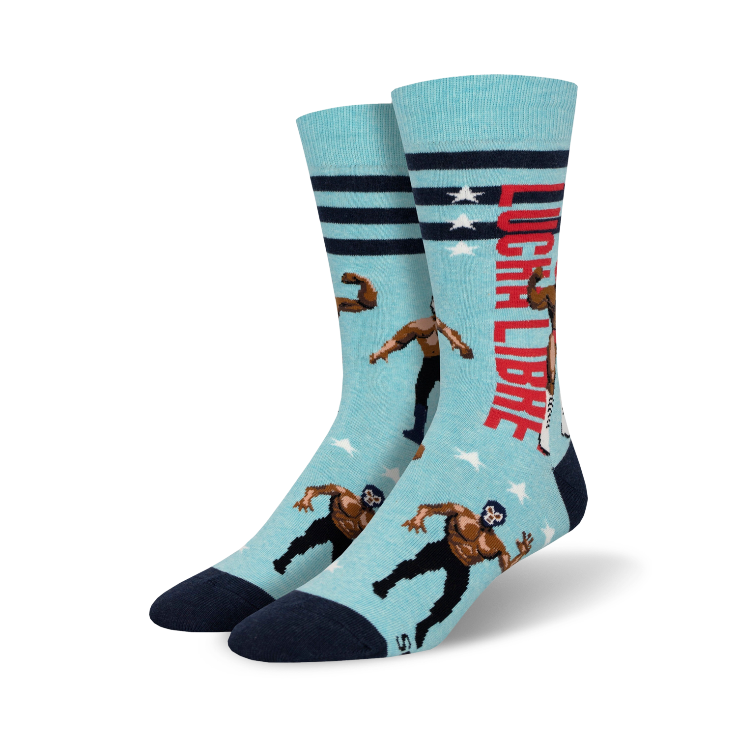 Pair of crew socks; light blue with navy details, red stripes, and pixelated lucha libre wrestlers; text reads 'Lucha Libre'.