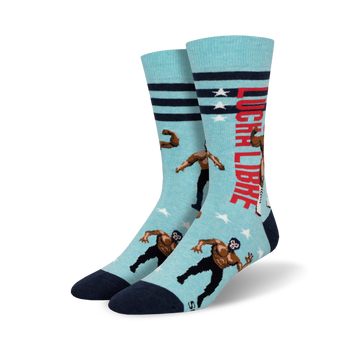 light blue crew socks with pattern of luchadores, mexican wrestlers, wearing red and blue masks.    