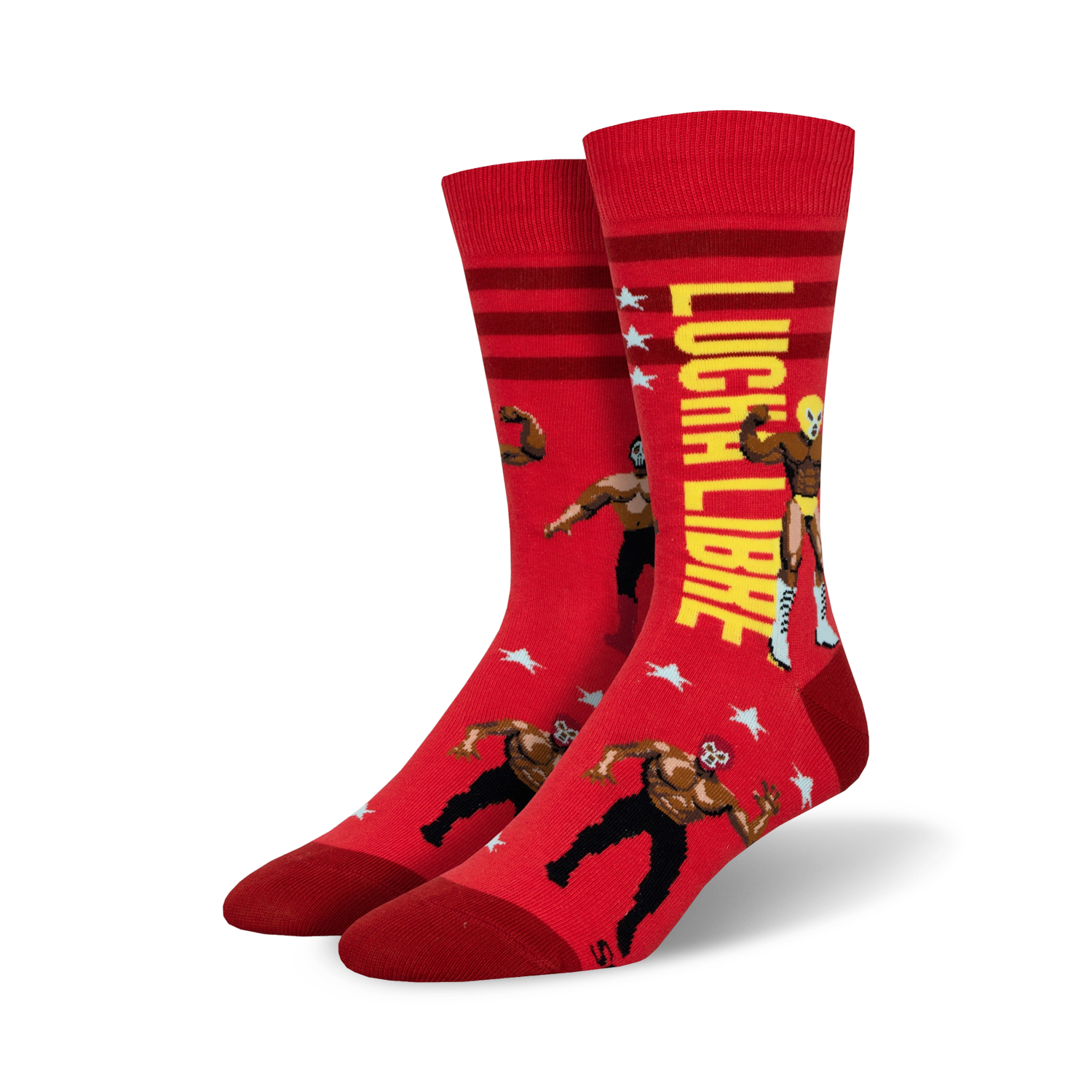 A pair of red Lucha Libre socks shown against a white background.  Same design as the blue pair but in red.