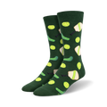 Pair of crew socks in hunter green with a repeating pattern of lime green pickleballs, paddles, and pickles.
