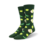 Pair of crew socks in hunter green with a repeating pattern of lime green pickleballs, paddles, and pickles.