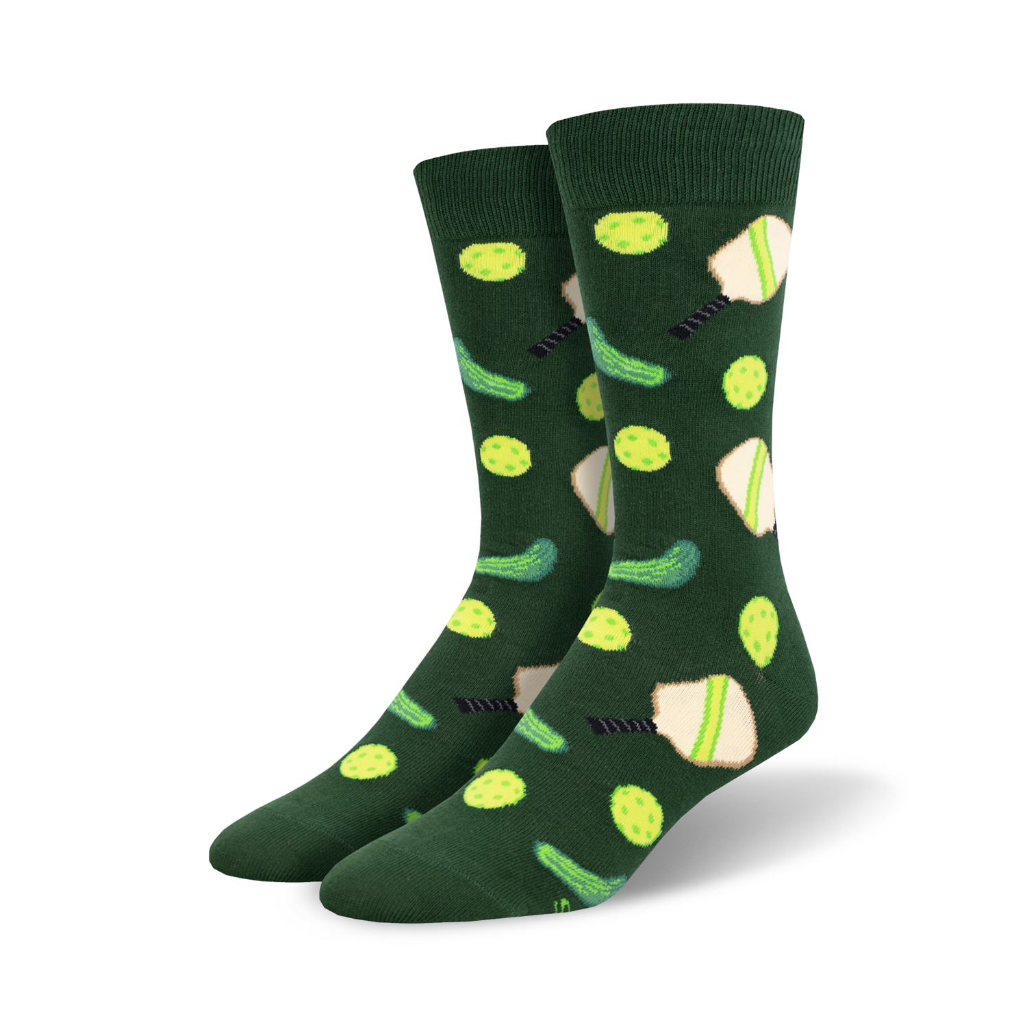 Pair of crew socks in hunter green with a repeating pattern of lime green pickleballs, paddles, and pickles.