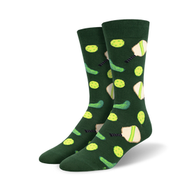 dark green crew socks with dill pickle and pickleball paddle pattern.   