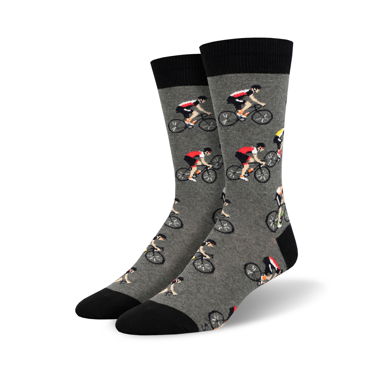 Pair of crew socks; gray with repeating cyclist pattern, black cuffs; or light blue with navy cuffs and same cyclist pattern.