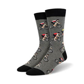 gray cycling socks for men with a pattern of red and yellow male cyclists.  