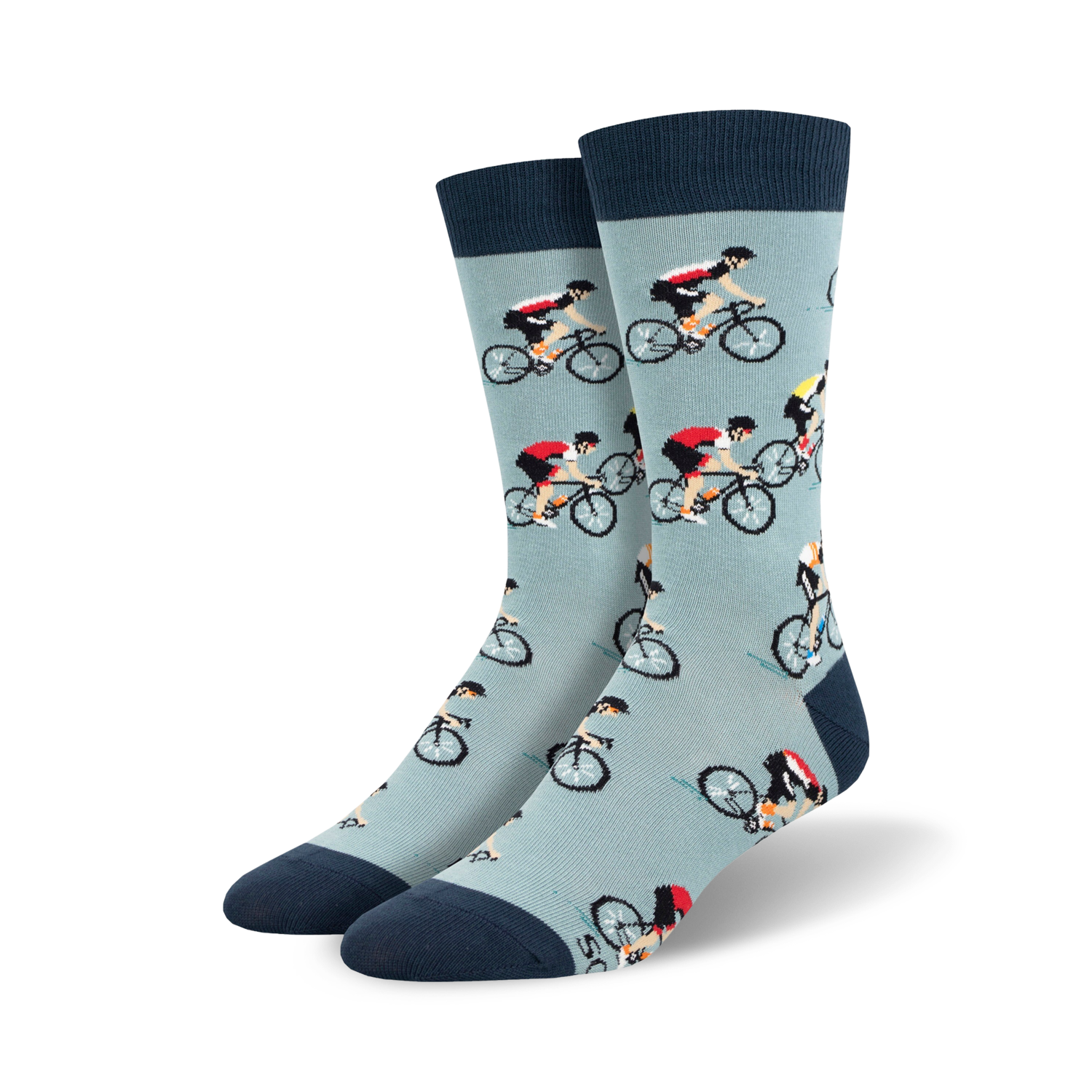 Lifestyle shot of the blue cycling socks on a person's feet.