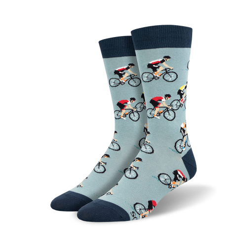 Lifestyle shot of the blue cycling socks on a person's feet.