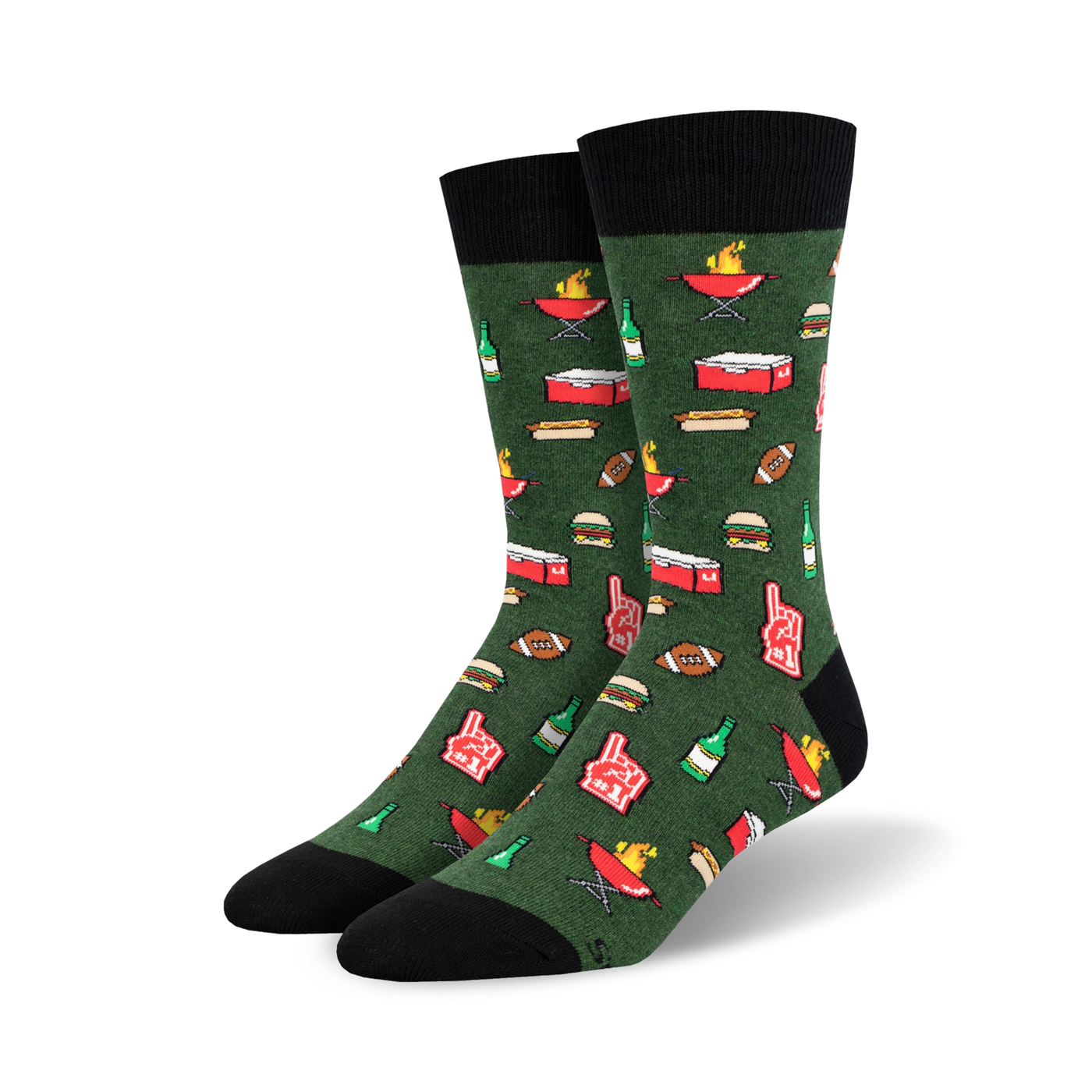 Lifestyle shot showing the green 'Tailgaters Delight' socks on a person's feet; the socks are styled with casual pants.