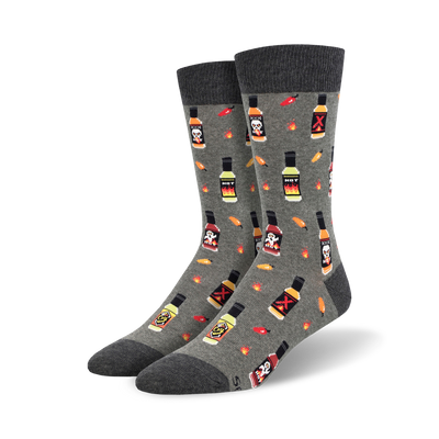 hot in here food & drink novelty gray base chili and fire and grim reaper pattern mens crew hot sauce sauce-y sock it to 'em.  