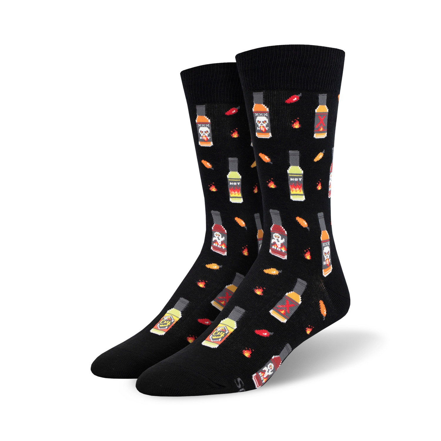 Lifestyle shot showing the black 'Hot In Here' socks on a person's feet; the socks are stylish and eye-catching.