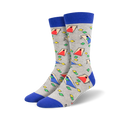Pair of crew socks in gray with a blue cuff.  The socks feature a repeating pattern of colorful, geometric cornhole board designs.