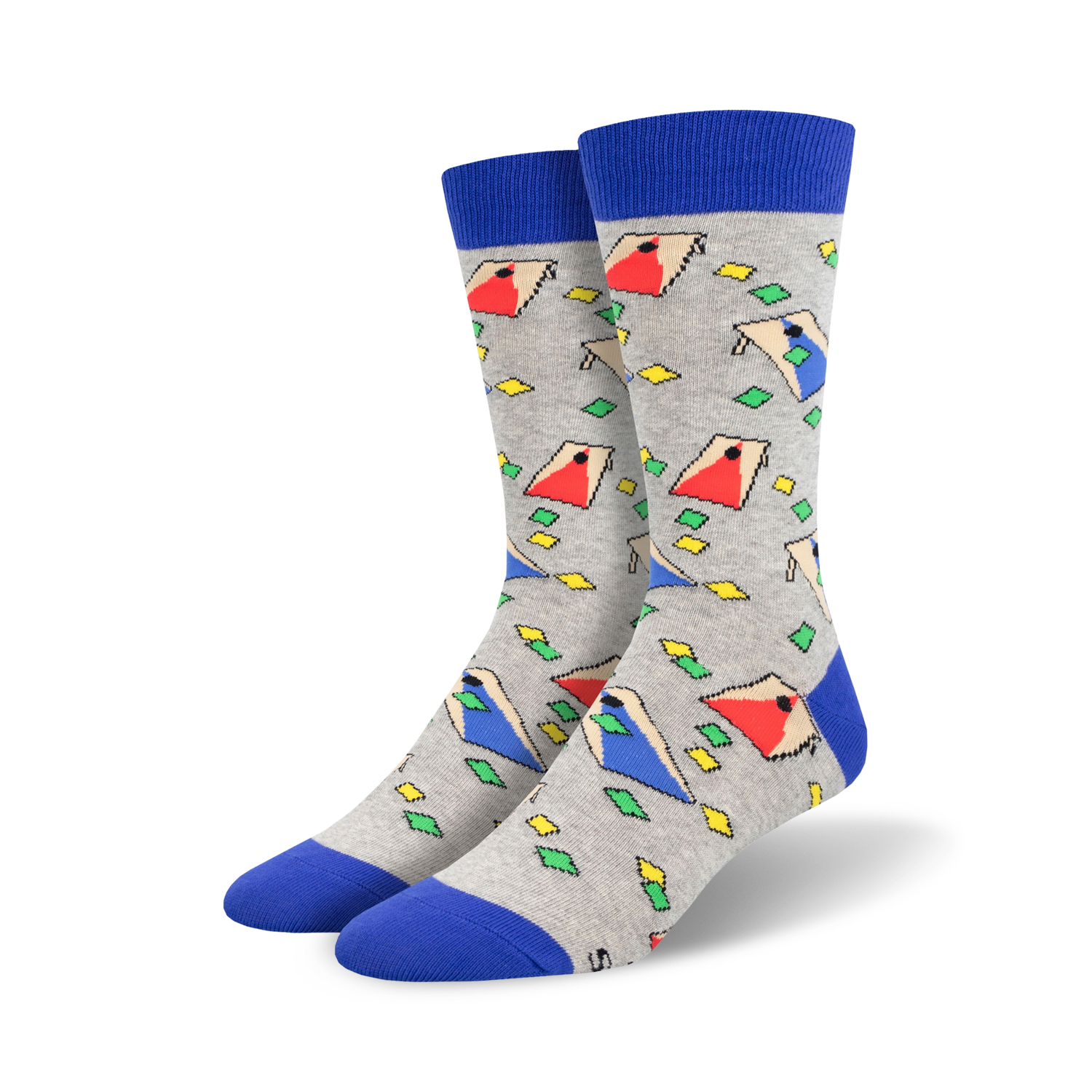Pair of crew socks in gray with a blue cuff.  The socks feature a repeating pattern of colorful, geometric cornhole board designs.
