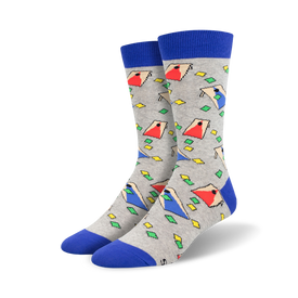 crew length socks with a pattern of cornhole boards and bean bags in red, blue, yellow, green, and orange.   