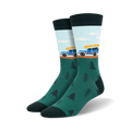 Crew socks in teal, light blue, and dark green. Design features a blue jeep carrying a yellow canoe and small pine trees.