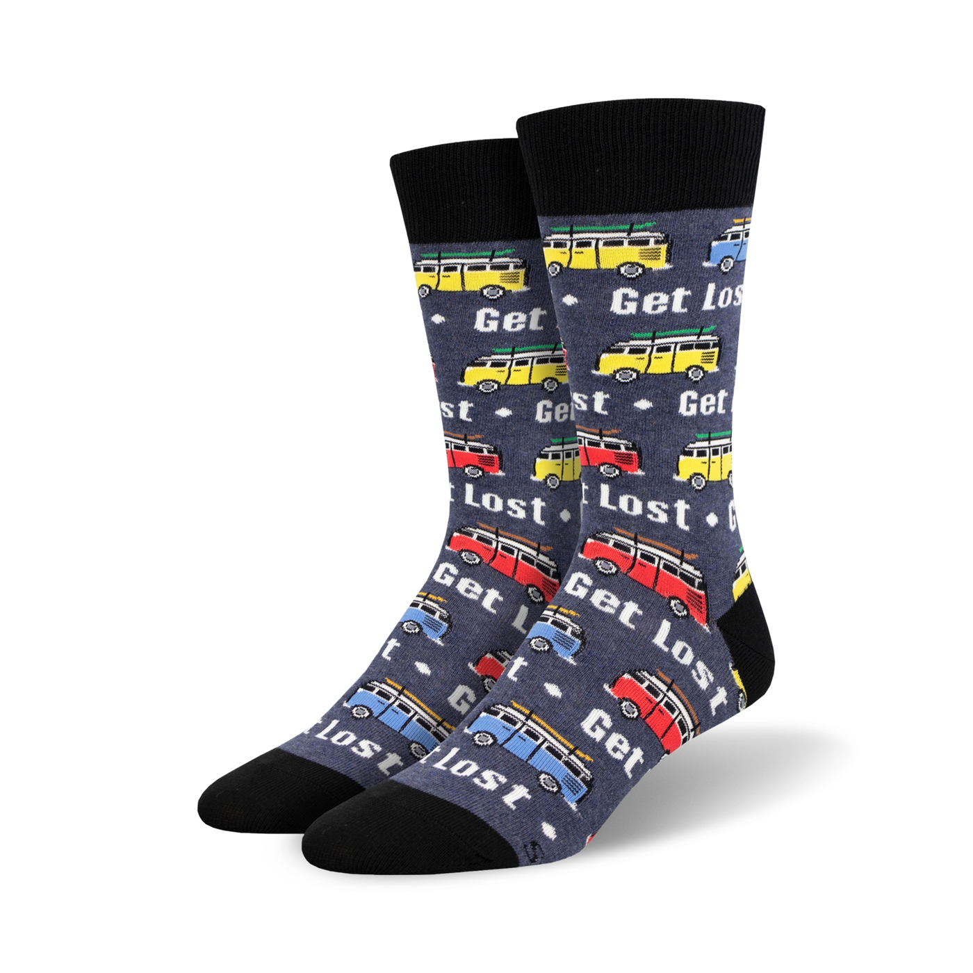 A pair of crew socks in dark gray with a pattern of colorful vintage camper vans and the words 'Get Lost'.
