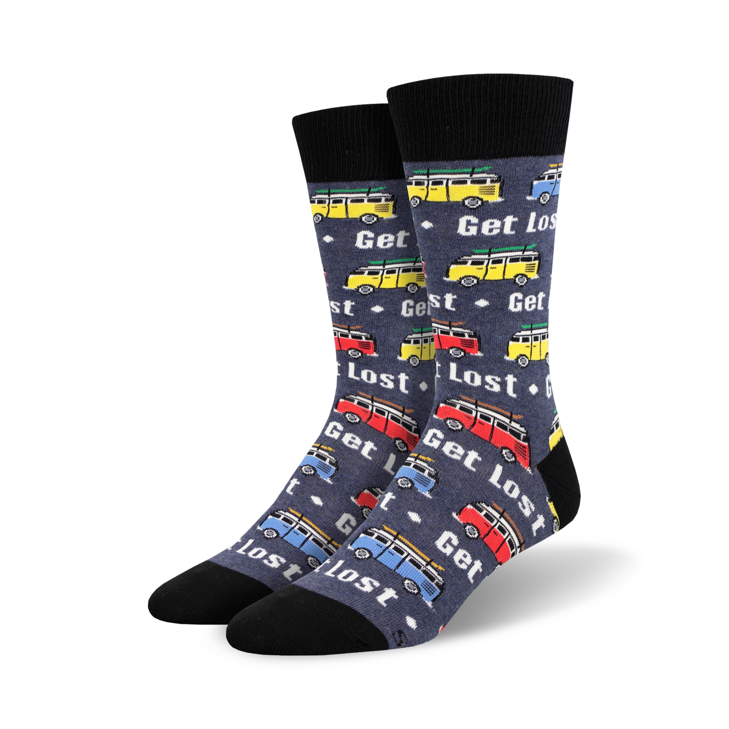 A pair of crew socks in dark gray with a pattern of colorful vintage camper vans and the words 'Get Lost'.