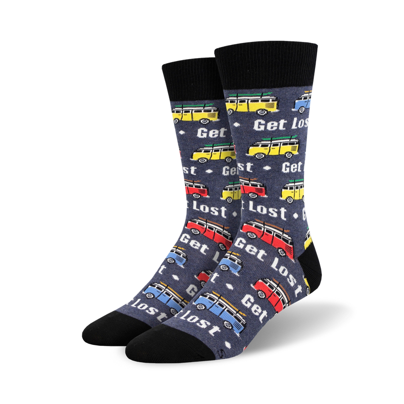 A pair of crew socks in dark gray with a pattern of colorful vintage camper vans and the words 'Get Lost'.