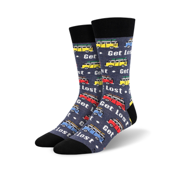 multicolored camper vans and "get lost" text adorn these men's crew socks, perfect for the travel enthusiast.  