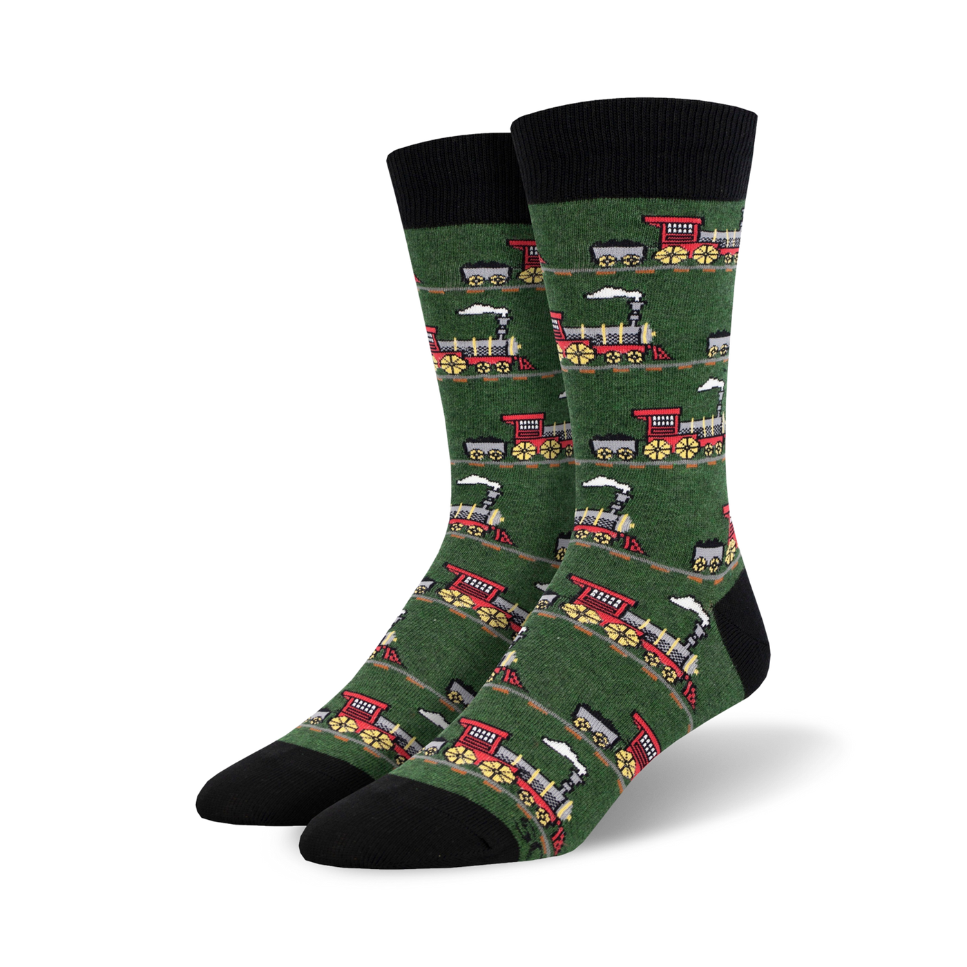 Pair of crew socks with a repeating pattern of red and gray vintage train designs on a green background. Black cuff.