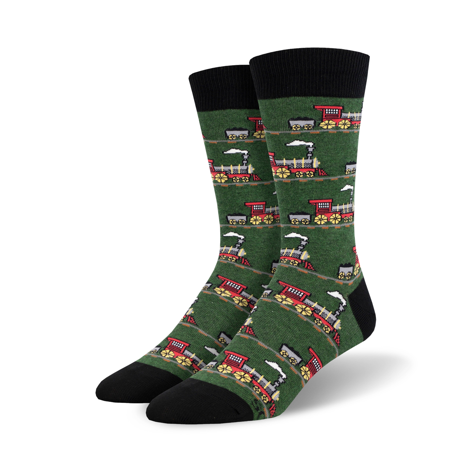Pair of crew socks with a repeating pattern of red and gray vintage train designs on a green background. Black cuff.