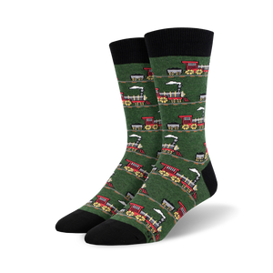 dark green crew socks with a pattern of red and yellow trains with black wheels and white smoke coming from the funnels.   