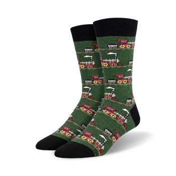 dark green crew socks with a pattern of red and yellow trains with black wheels and white smoke coming from the funnels.   