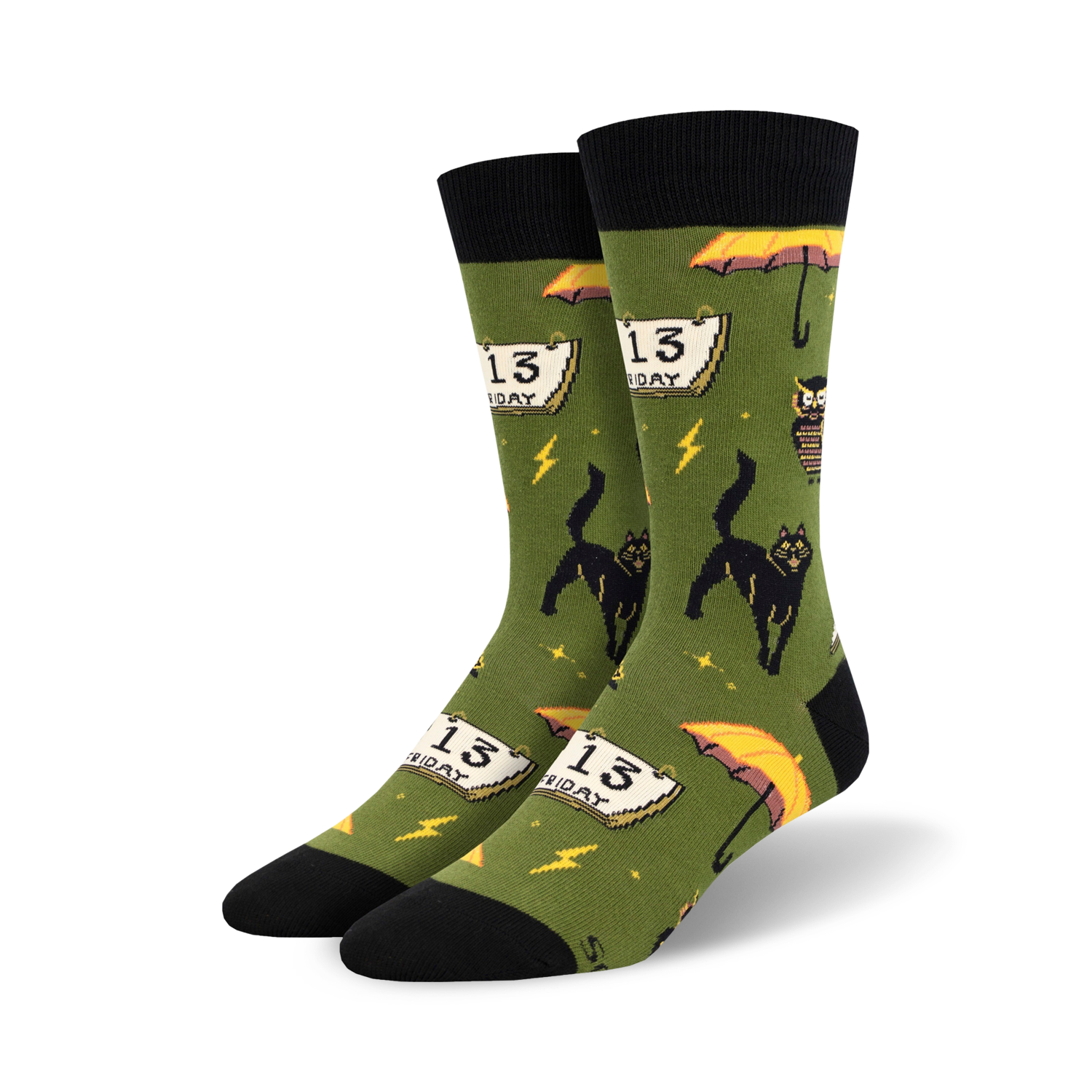 Pair of crew socks in olive green and orange, showcasing a fun, pixelated design of black cats, Friday the 13th calendars, and yellow umbrellas.