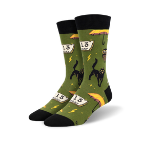 black cat, yellow umbrella, & friday the 13th pattern halloween crew socks in green with black toes & heels. mens.   