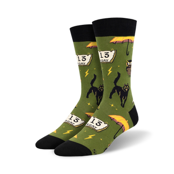 feeling superstitious halloween themed mens green novelty crew socks