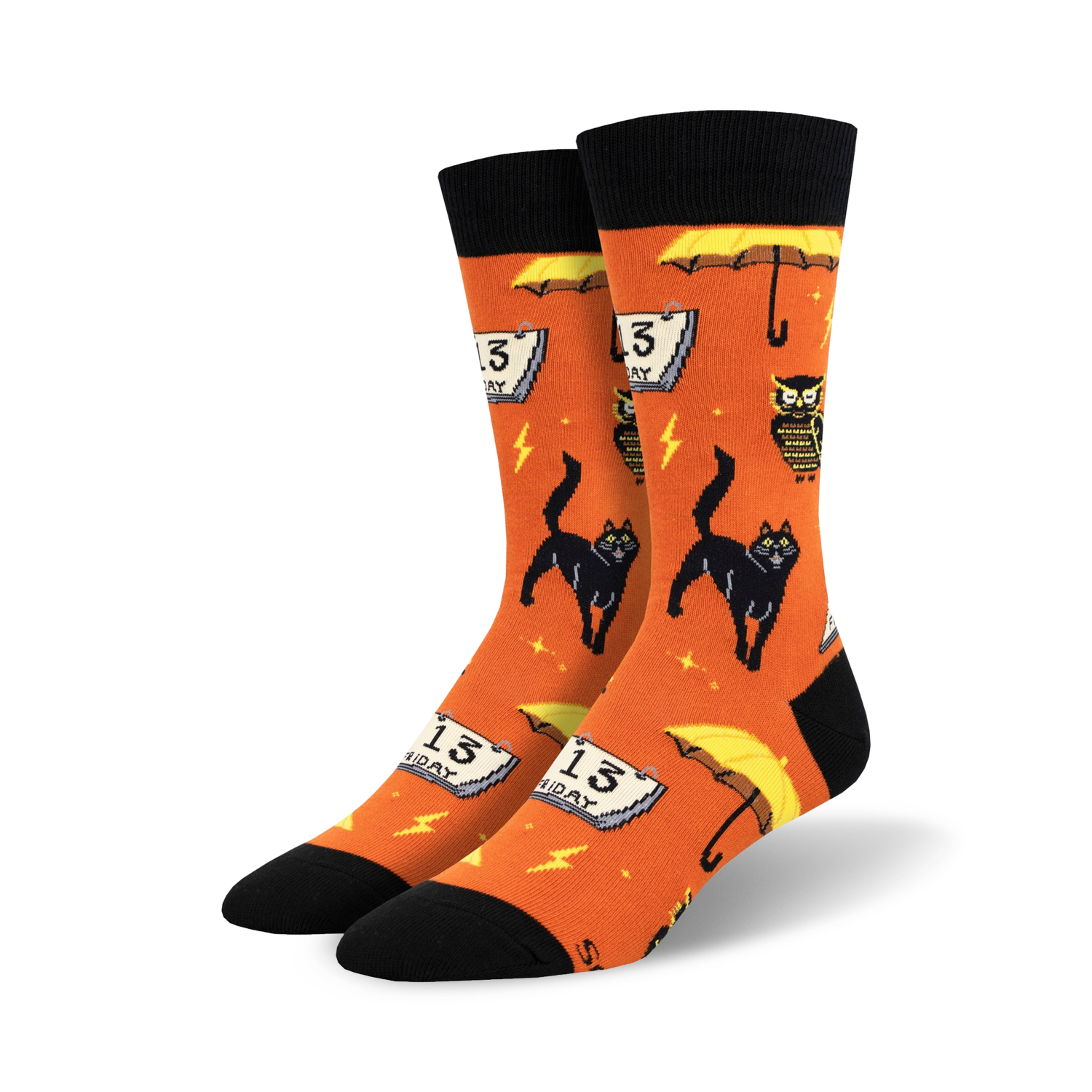 Lifestyle shot showcasing the orange 'Feeling Superstitious' socks on a model's feet.